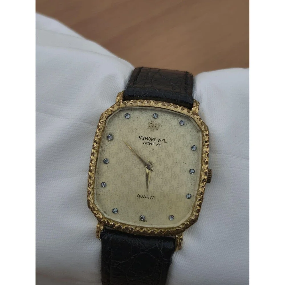 VTG Raymond Weil Geneve Champagne Watch 18K Gold Electroplated 9528 Rhinestone